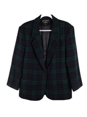 Braebrook Blue Green Plaid Wool One Notched Collar Long Sleeve Button Blazer